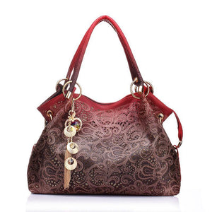 Hollow Out Ombre Floral Print Leather Satchel